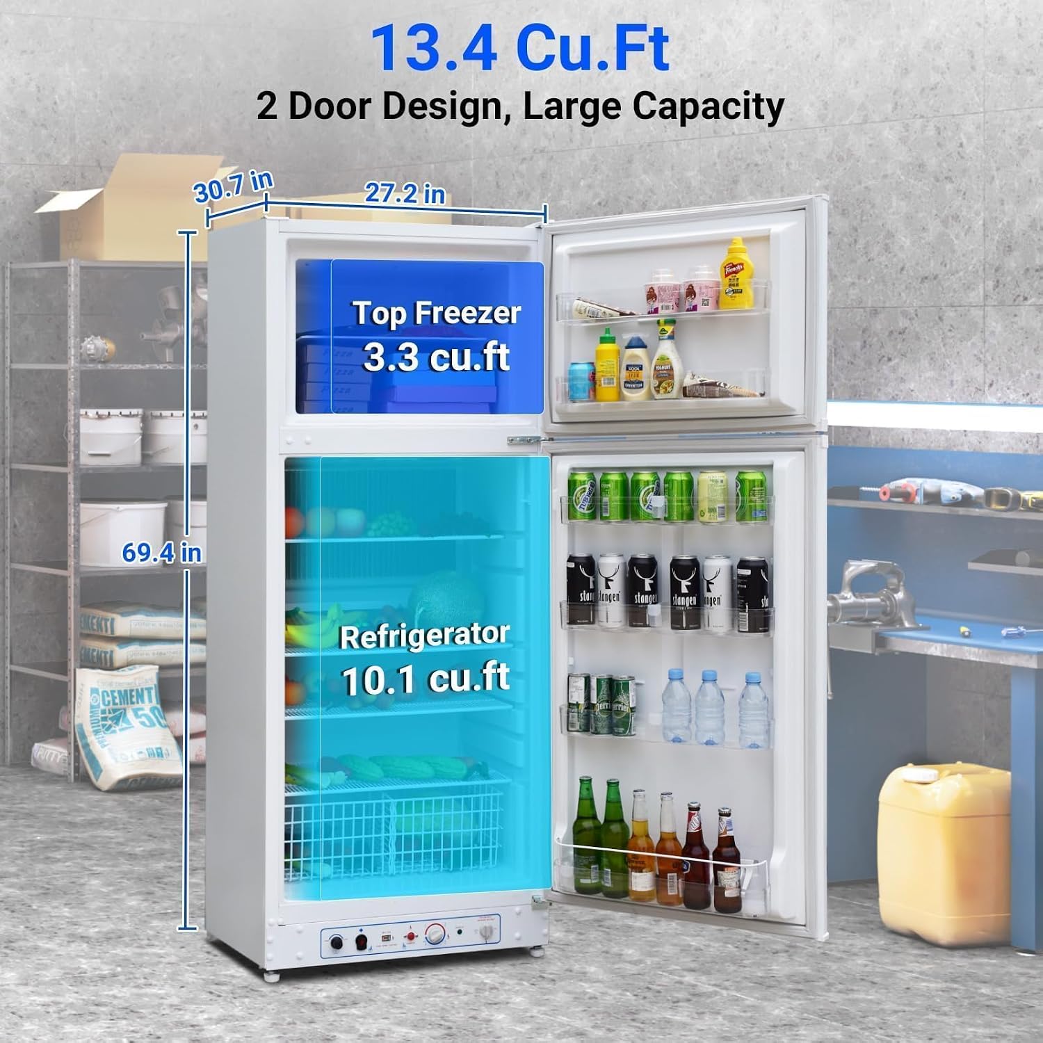 Smad Propane Refrigerator, Off Grid Propane Refrigerator with Freezer 13.4 cu.ft, Propane Fridge Powered 110V/LPG with Top Freezer, for Off Grid,Garage, RV,Food Truck,Cottages,Chalets Use