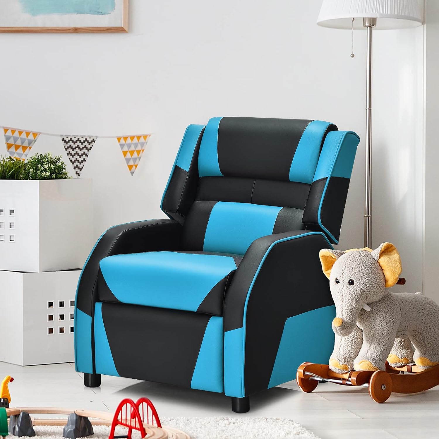 HONEY JOY Kids Recliner, Youth Game Reclining Chair w/Headrest & Back Pillow, Upholstered Leather Lounge Chair for Boys Girls, Manual Adjustable Toddler Single Sofa Chair for Living Room (Blue)