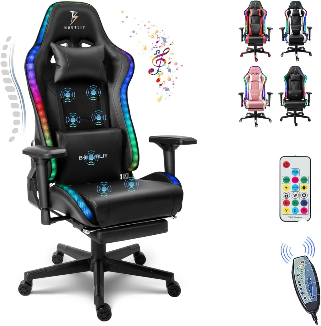 High Back Big and Tall Office Desk Chairs with 7-Point Massage, Ergonomic Gaming Chair with Speakers and RGB Lights, PU Leather Computer Chair Recliner Chair Music Video Game Chair,Black
