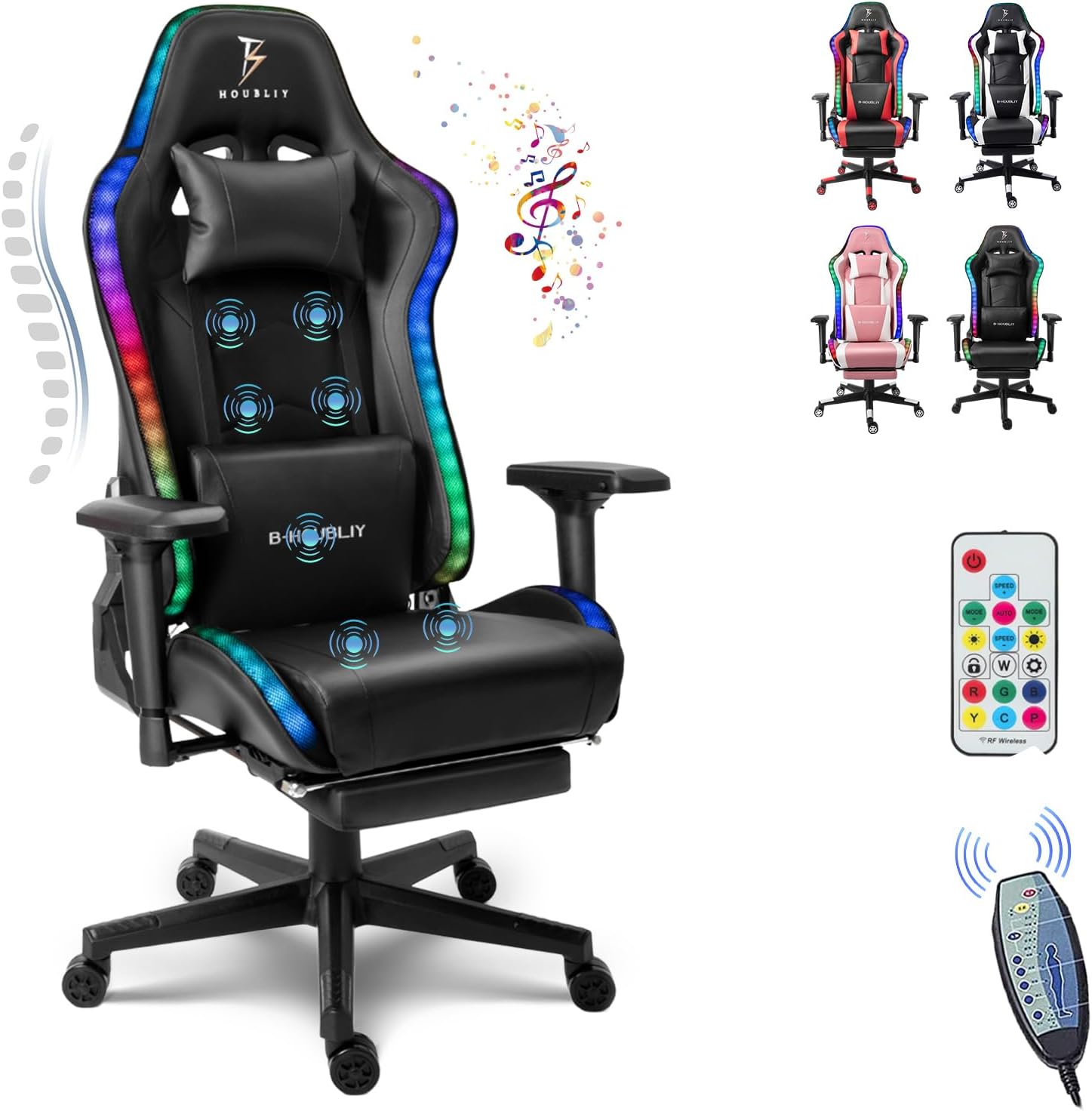 High Back Big and Tall Office Desk Chairs with 7-Point Massage, Ergonomic Gaming Chair with Speakers and RGB Lights, PU Leather Computer Chair Recliner Chair Music Video Game Chair,Black