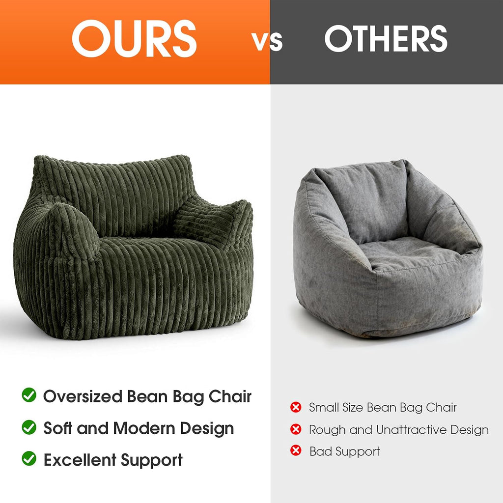 Giant Bean Bag Chair, Oversized Plush Comfy Bean Bag Sofa for Adults and Kids with Armrests, Memory Foam Mini Couch Single Lounges for Living Room, Bedroom & Game Room(Green)