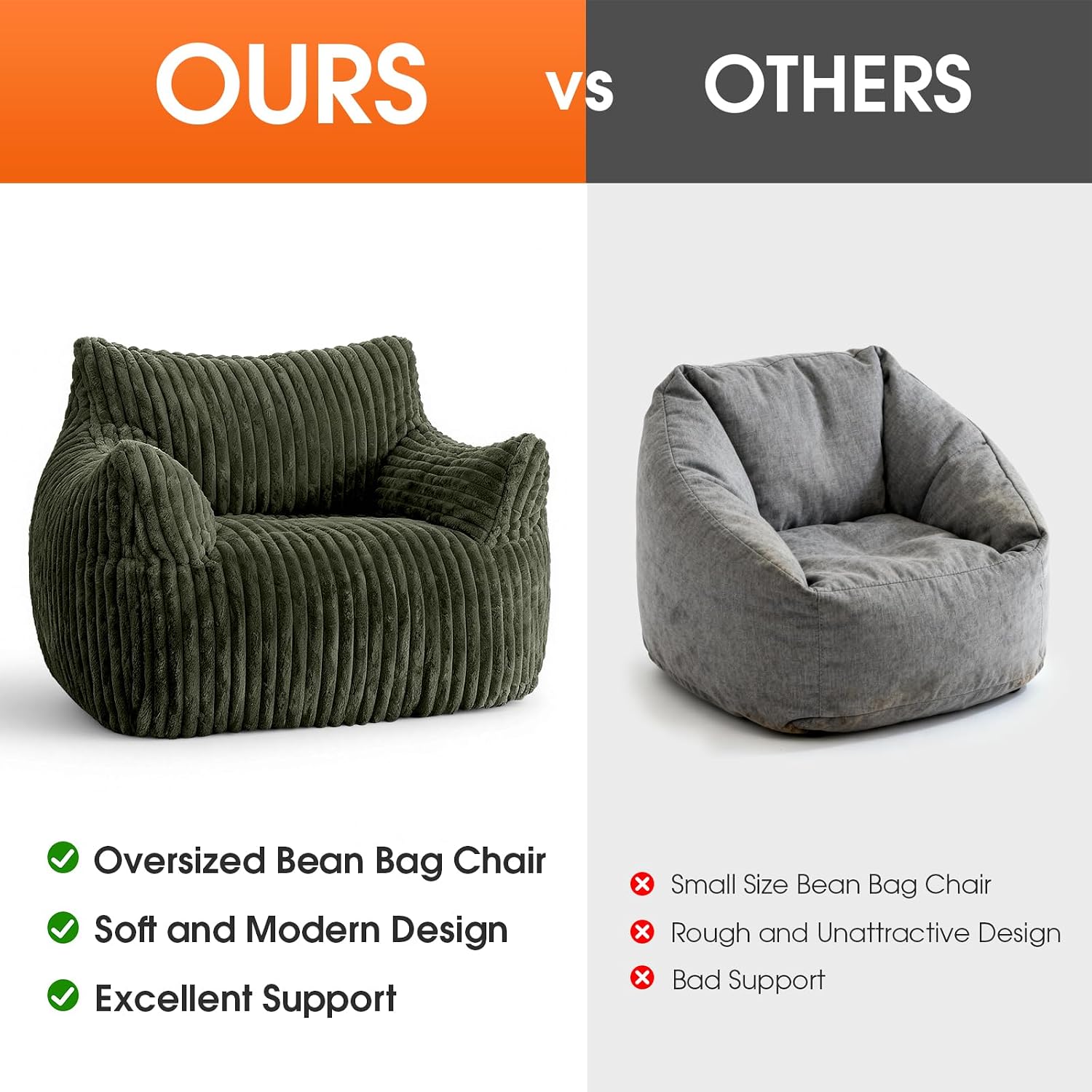 Giant Bean Bag Chair, Oversized Plush Comfy Bean Bag Sofa for Adults and Kids with Armrests, Memory Foam Mini Couch Single Lounges for Living Room, Bedroom & Game Room(Green)