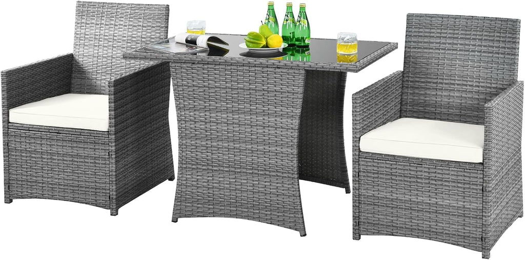 HAPPYGRILL 3 Piece Patio Furniture Set, Outdoor PE Rattan Wicker Bistro Set with Washable Cushions & Tempered Glass Table, for Backyard Porch Garden Balcony Poolside