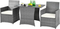 HAPPYGRILL 3 Piece Patio Furniture Set, Outdoor PE Rattan Wicker Bistro Set with Washable Cushions & Tempered Glass Table, for Backyard Porch Garden Balcony Poolside
