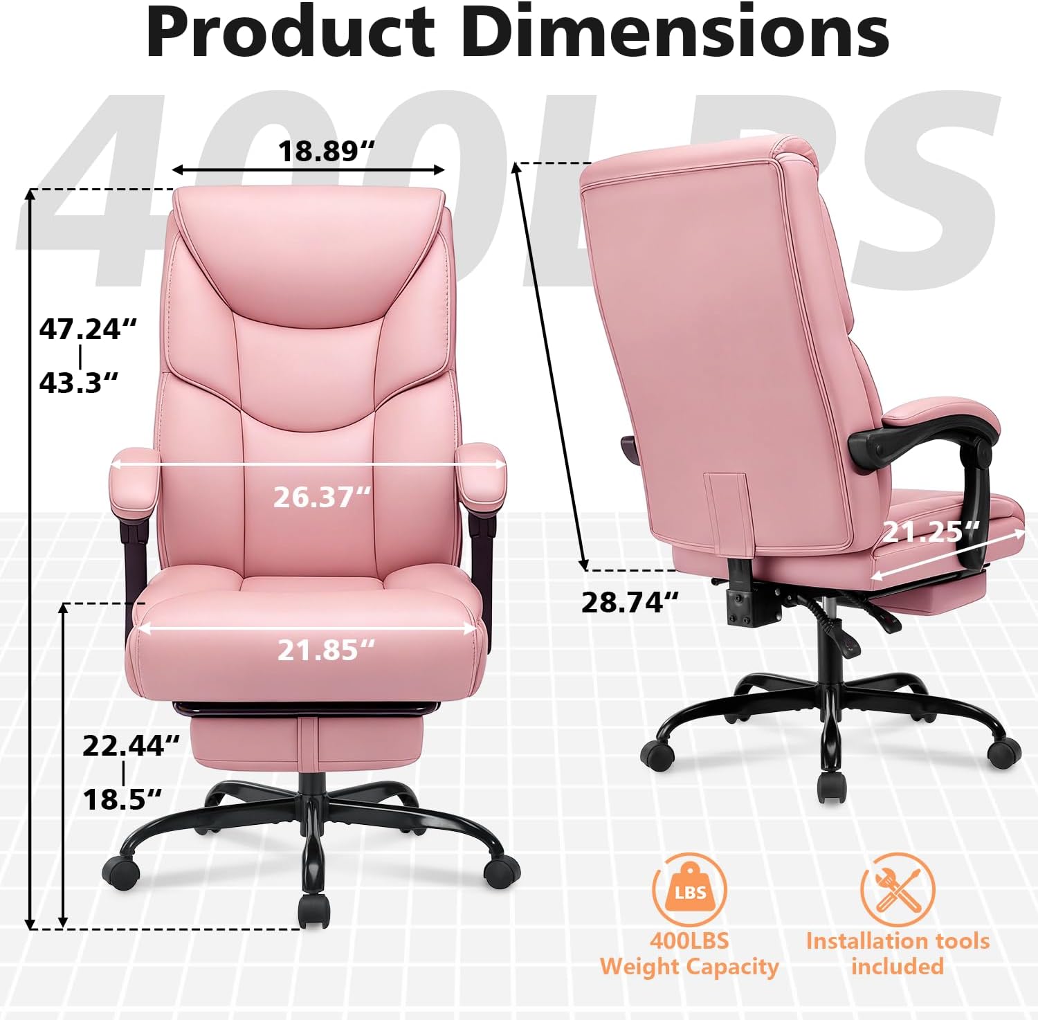 WAILOR 400lbs Office Chair with Foot Rest, Reclining Big and Tall Office Chair with Lumbar Support, High Back PU Leather Computer Chair,Comfy Desk Chair for Home Office (Pink)