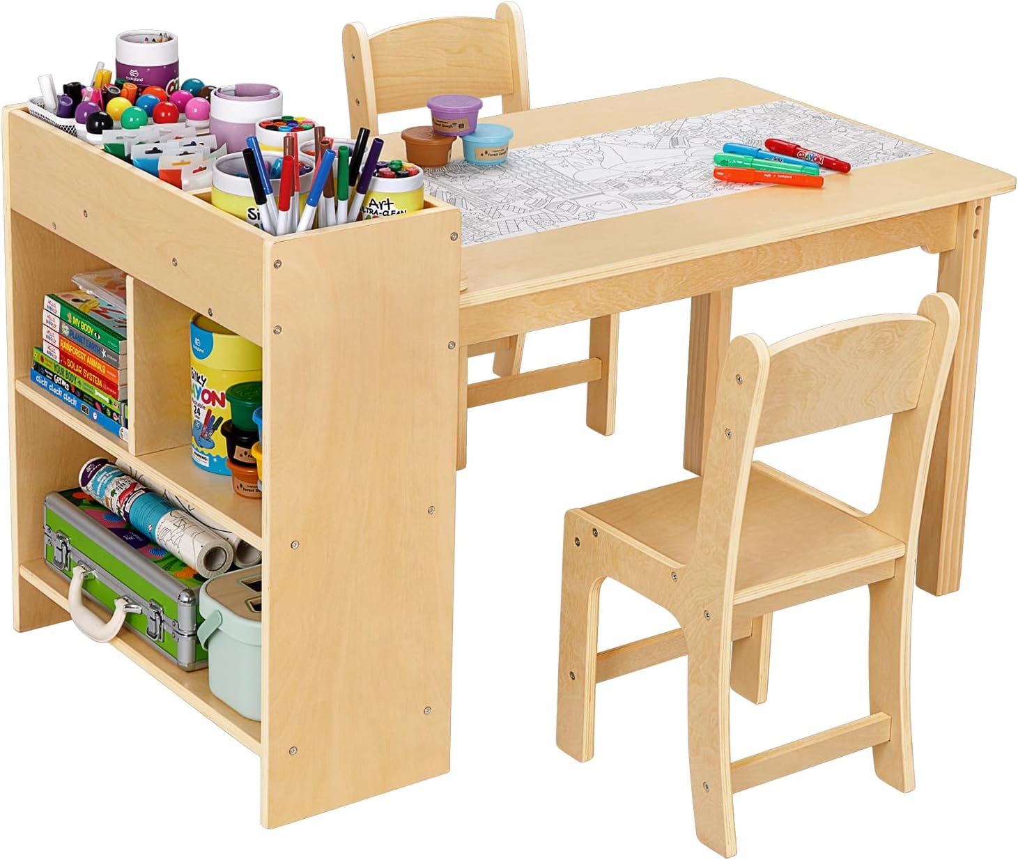 OOOK Kids Art Table and 2 Chairs, Toddler Activity Table with Large Storage Shelves, Wood Activity Desk for Writing Drawing Suitable for Playrooms & Classroom