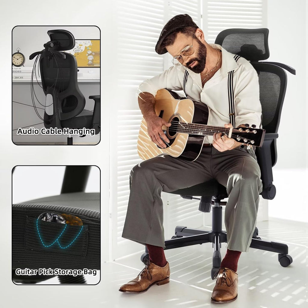 Ergonomic Office Chair Reclining Gaming Chair Adjustable Lumbar Support 6D Armrest Headrest Breathable Mesh Swivel Computer Chairs Home Task Desk Chair Wheels Coat Hanger Tilt Lock Cross Legged Chair