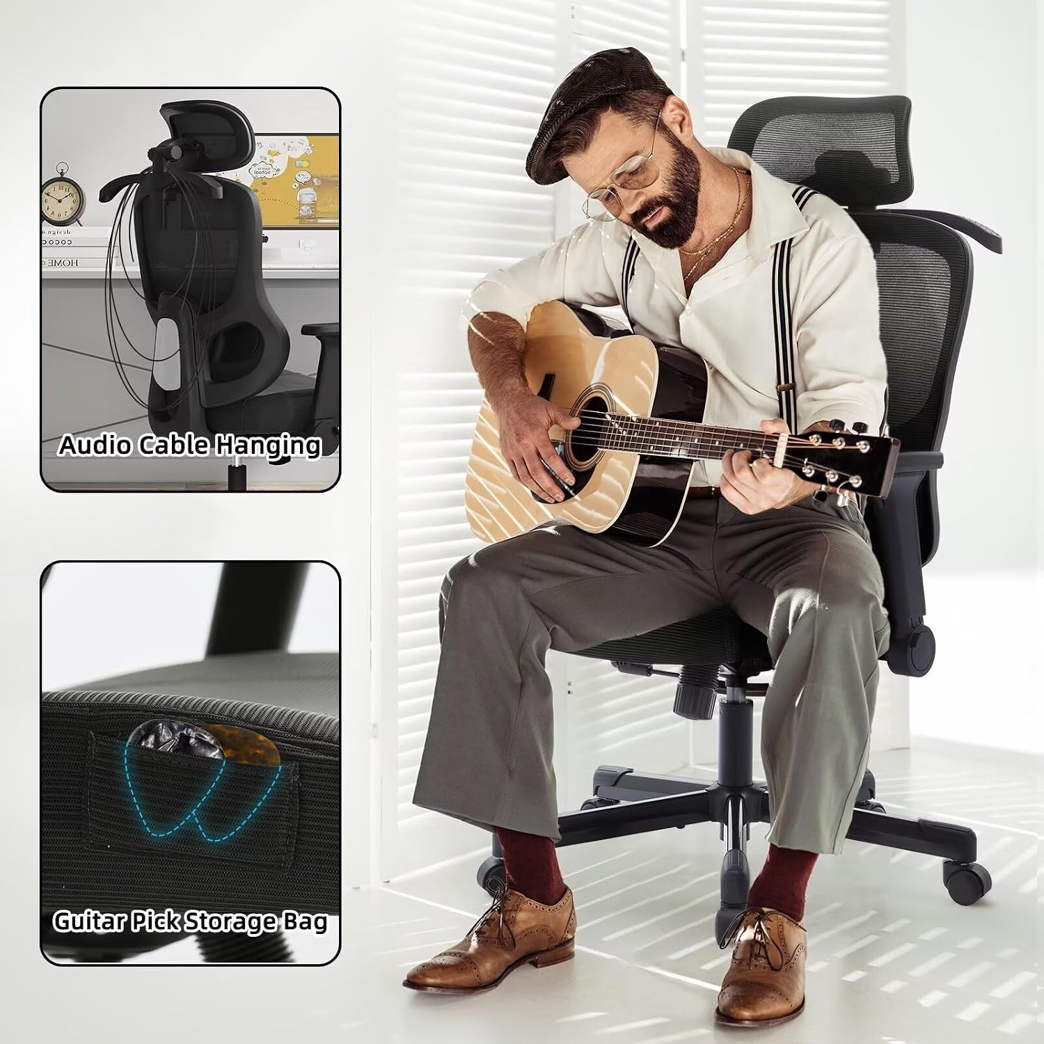 Ergonomic Office Chair Reclining Gaming Chair Adjustable Lumbar Support 6D Armrest Headrest Breathable Mesh Swivel Computer Chairs Home Task Desk Chair Wheels Coat Hanger Tilt Lock Cross Legged Chair