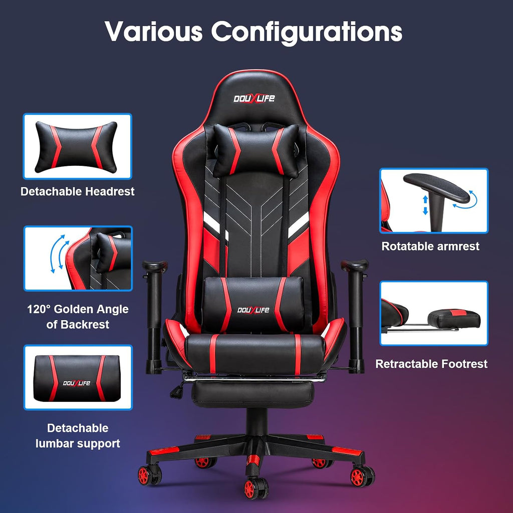 Massage Gaming Chair 7-Point, Office Chair with Footrest and Lumbar Support, Adjustable Seat Height Ergonomic, 175° Reclining Max, Red