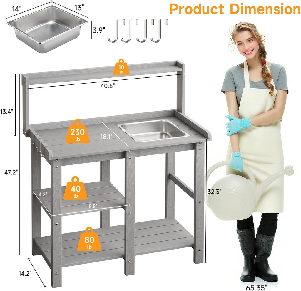 ONBRILL Potting Bench, Outdoor Potting Bench Table with Removable Sink, HDPS Potting Benches for Outside, Garden Table with Storage Shelves & 4 Side Hooks, No Rot, No Fade, No Break, 360lbs Capacity