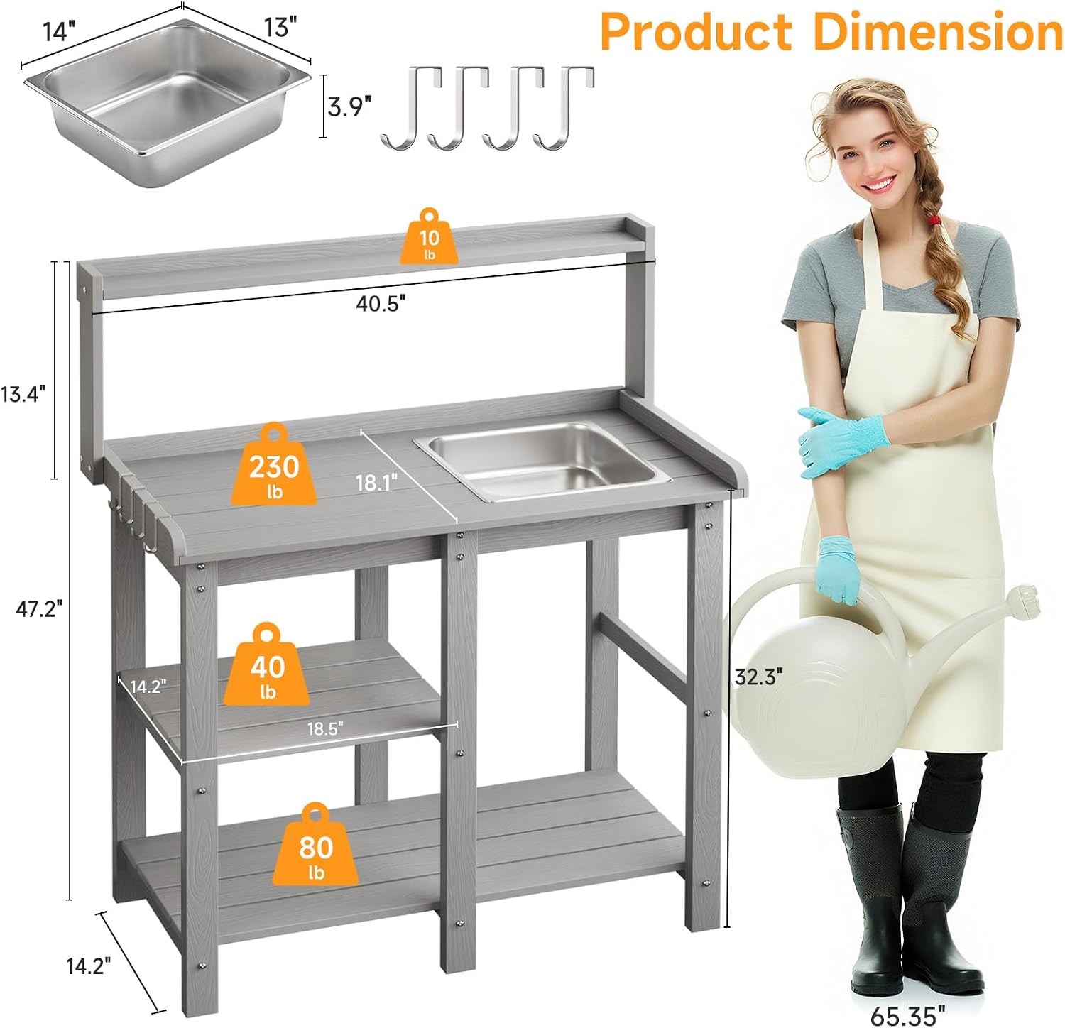 ONBRILL Potting Bench, Outdoor Potting Bench Table with Removable Sink, HDPS Potting Benches for Outside, Garden Table with Storage Shelves & 4 Side Hooks, No Rot, No Fade, No Break, 360lbs Capacity