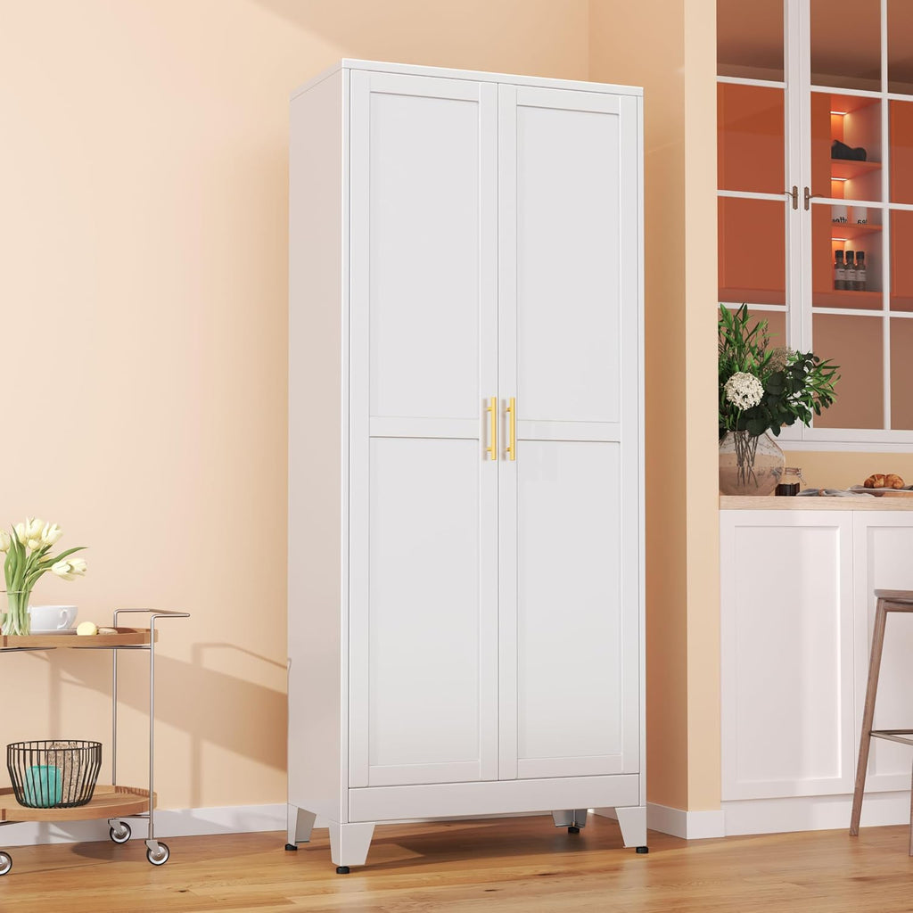 pozdeg 75' Tall Pantry Cabinet, Metal Kitchen Storage Cabinet with 2 Doors and 5 Adjustable Shelves, White Storage Cabinet Cupboard for Kitchen, Dining Room, Living Room and Bathroom (White)