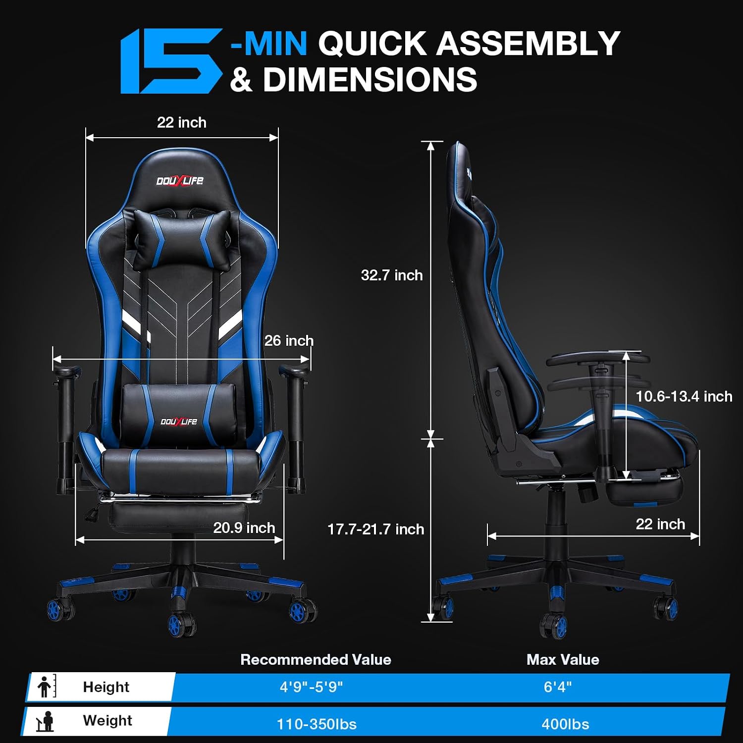 Douxlife 7-Point Massage Gaming Chair with Footrest, 400lbs Heavy Duty Ergonomic Computer Chair, 175° Reclining High Back Racing Seat for Adults with Adjustable Armrests & Lumbar Support, Blue
