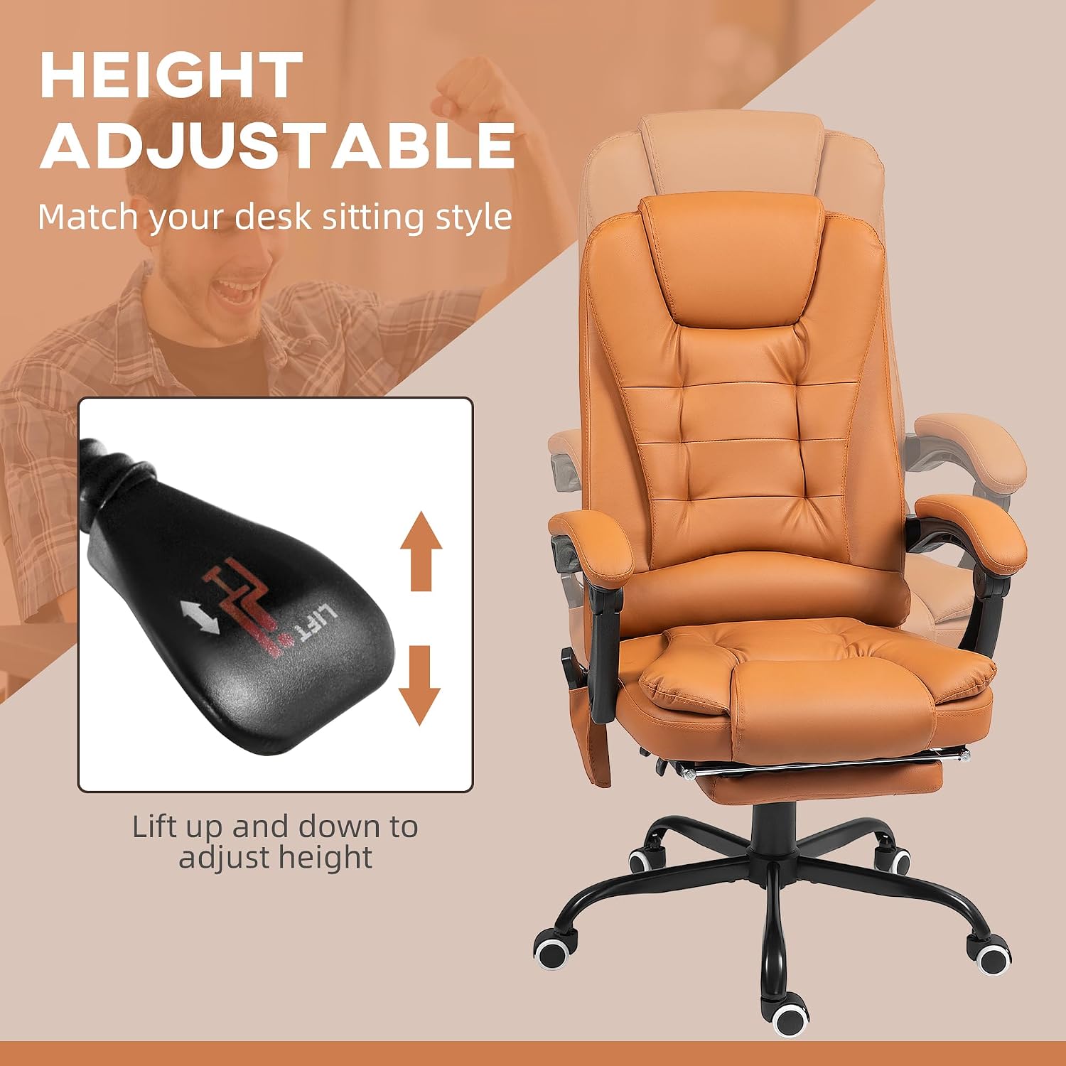 Vinsetto 7-Point Vibrating Massage Office Chair, High Back Computer Chair with Lumbar Support, Footrest, Reclining Back, Adjustable Height, Light Brown