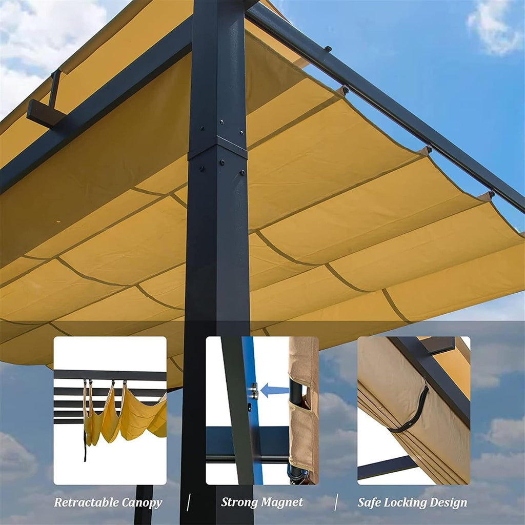 13 x 9 Ft Outdoor Patio Retractable Pergola with Canopy, Aluminum Sunshelter Pergola Grill Gazebo, Modern Sun Shelter Pergola for Gardens, Terraces, Backyard, Dark Grey+Khaki
