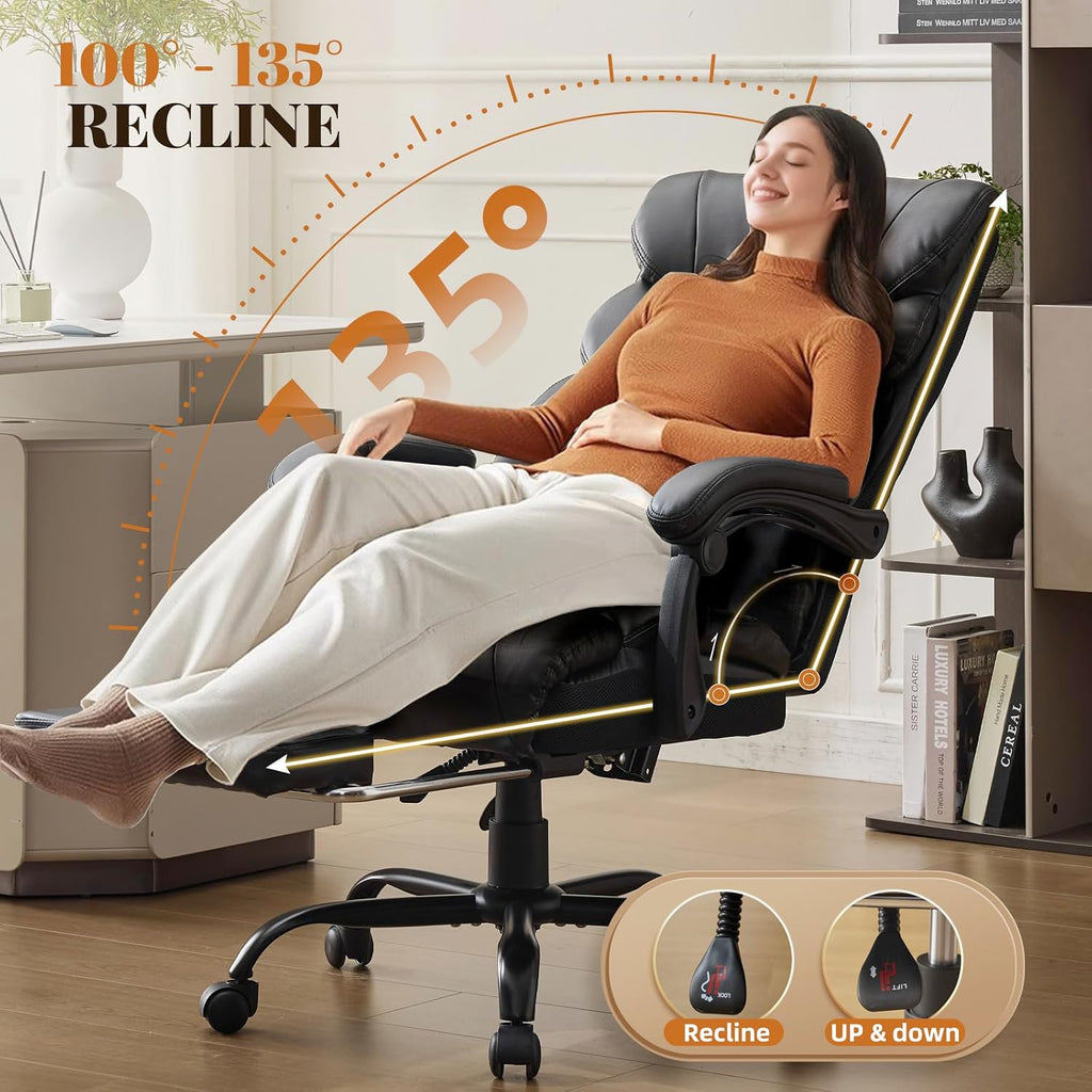 Comfortable Office Desk Chair 500 LBS, Big and Tall Office Chairs with Footrest,90-155°Recline Executive Leather Gaming Chair for Heavy People, Long Hours,Black