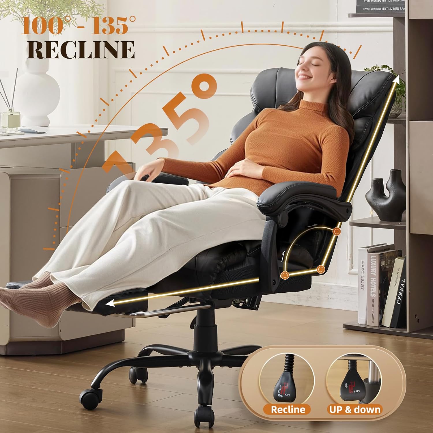 Comfortable Office Desk Chair 500 LBS, Big and Tall Office Chairs with Footrest,90-155°Recline Executive Leather Gaming Chair for Heavy People, Long Hours,Black