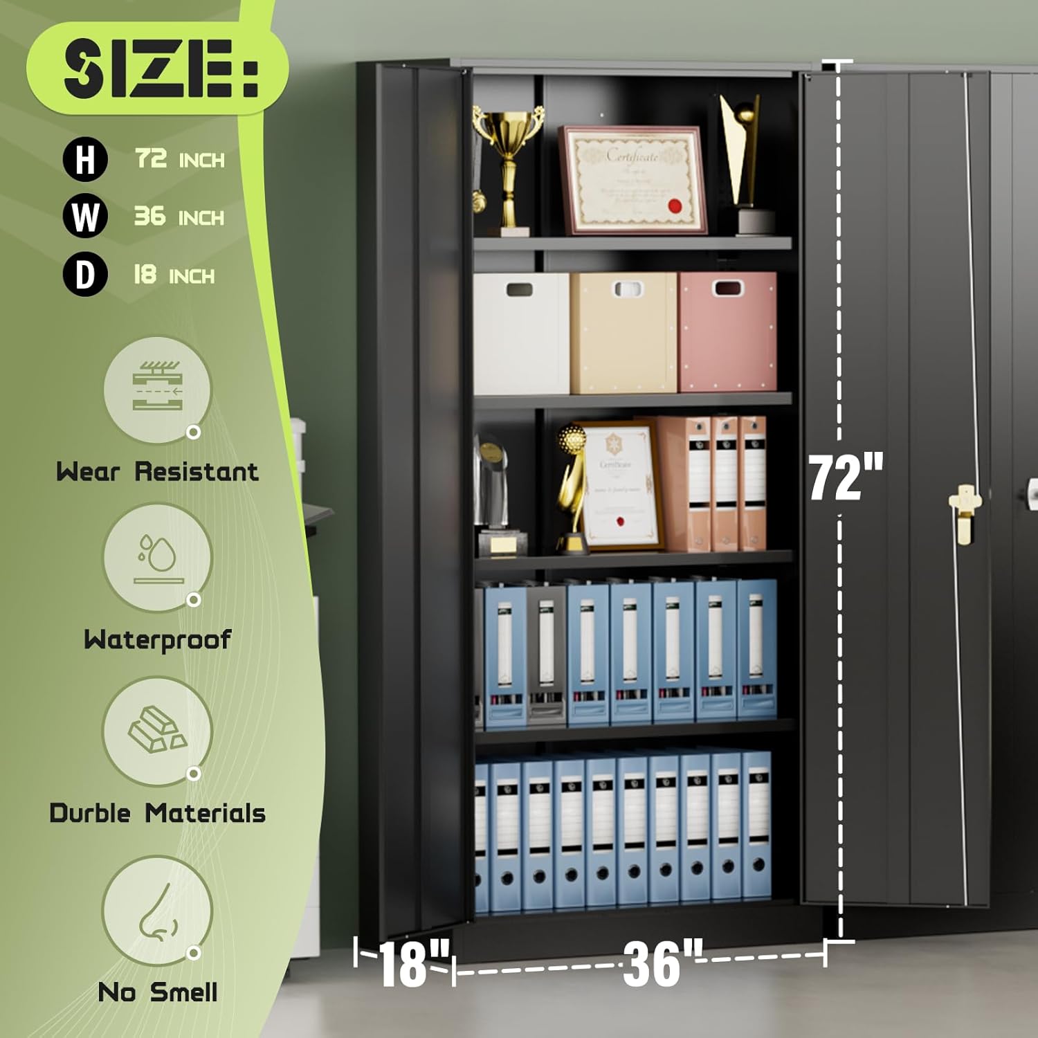SUNCROWN 72' Metal Storage Cabinet - Heavy-Duty Metal Garage Cabinet with 4 Adjustable Shelves & 2 Doors for Tools, Office, Home, Workshop,Black