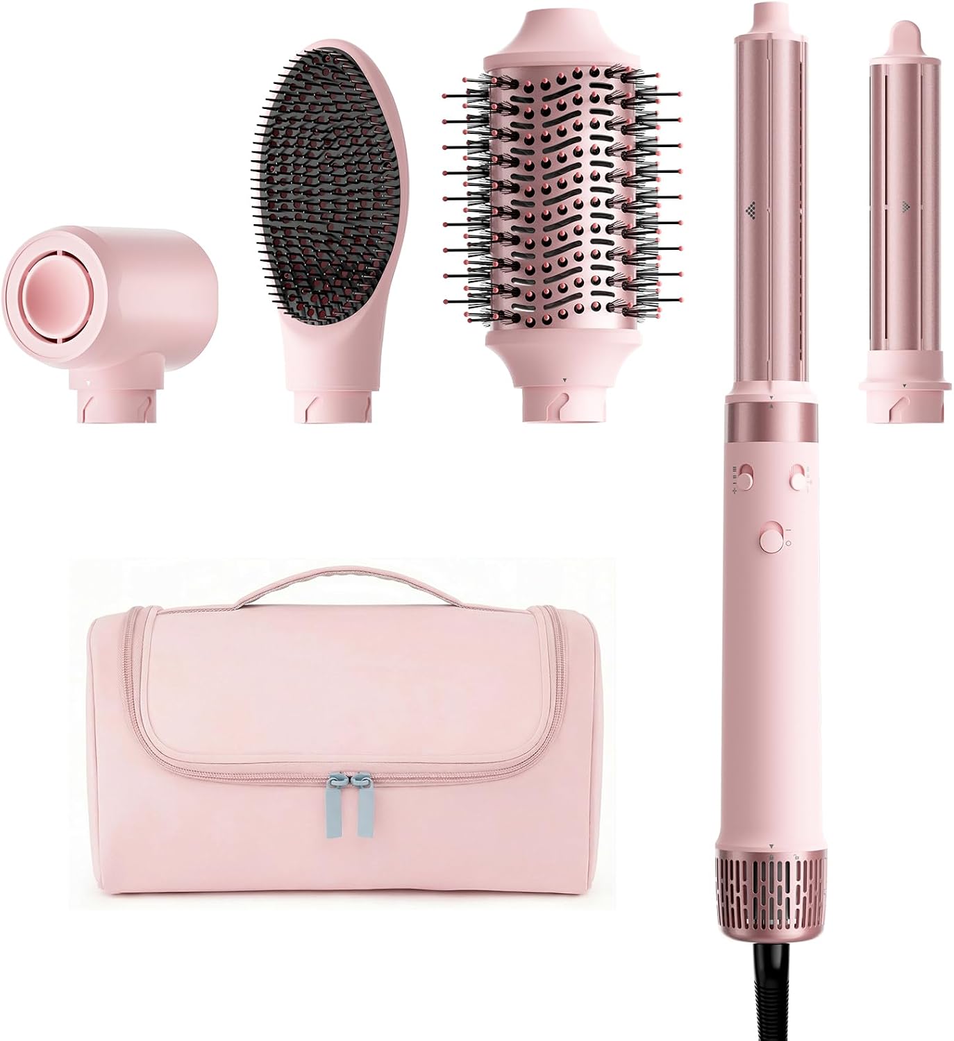 MESCOMB Dual Voltage Hair Dryer Brush - 5 in 1 Hot Air Styler Wrap with Auto Wrap Curlers, Fast Drying, Straightening & Volumizing, 100V–240V Global Travel with Storage Bag-Peach Pink