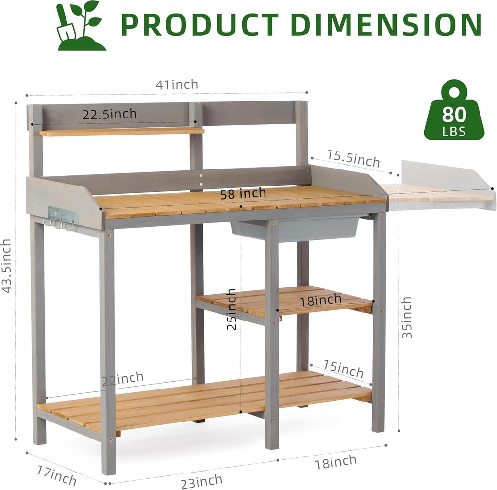 Wooden Potting Bench Table with Sink, Outdoor Garden Table Work Bench with Shelf, Workstation for Outside Patio Lawn