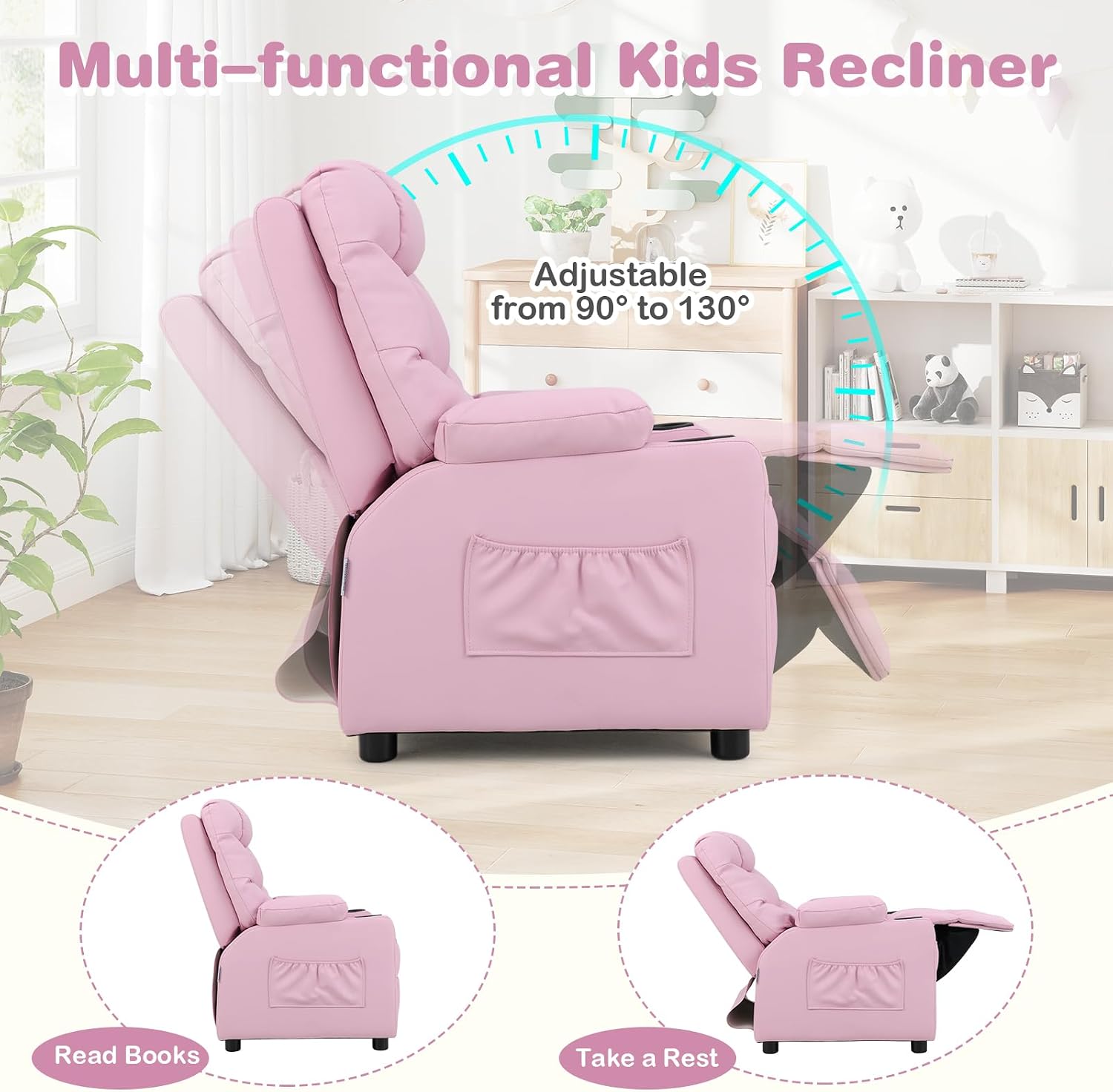 MAT EXPERT Kids Recliner, Leather Adjustable Reading Gaming Chair w/ 2 Cup Holder, 3 Side Pocket Storage & Footrest, Kids Couch,Toddler Recliner Sofa for Boys Girls, Kids Room Playroom Nursery (Pink)