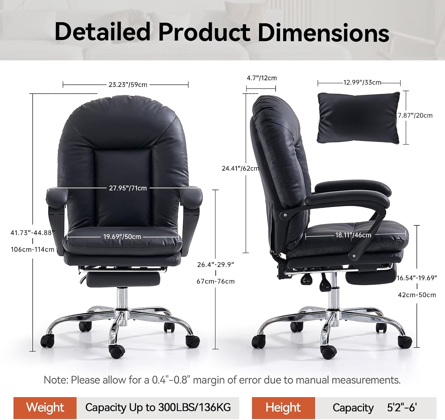 EMIAH Ergonomic Office Chair with Foot Rest Criss Cross Chair with Wheels Reclining Executive Office Chair Mid Back PU Leather Swivel Computer Chairs Lumbar Support for Home Office (Black)