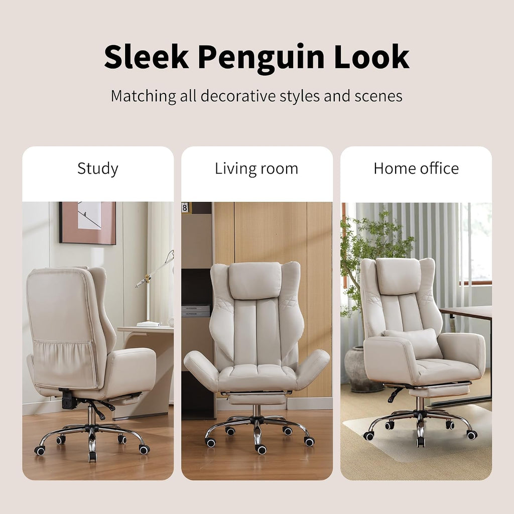 Criss Cross High Back Office Chair with Foot Rest, Ergonomic Cross Legged Desk Chair with Flip-up Armrest, Cozy Reclining 155°Swivel Chair for Home Office, Computer and Entertainment (Beige)