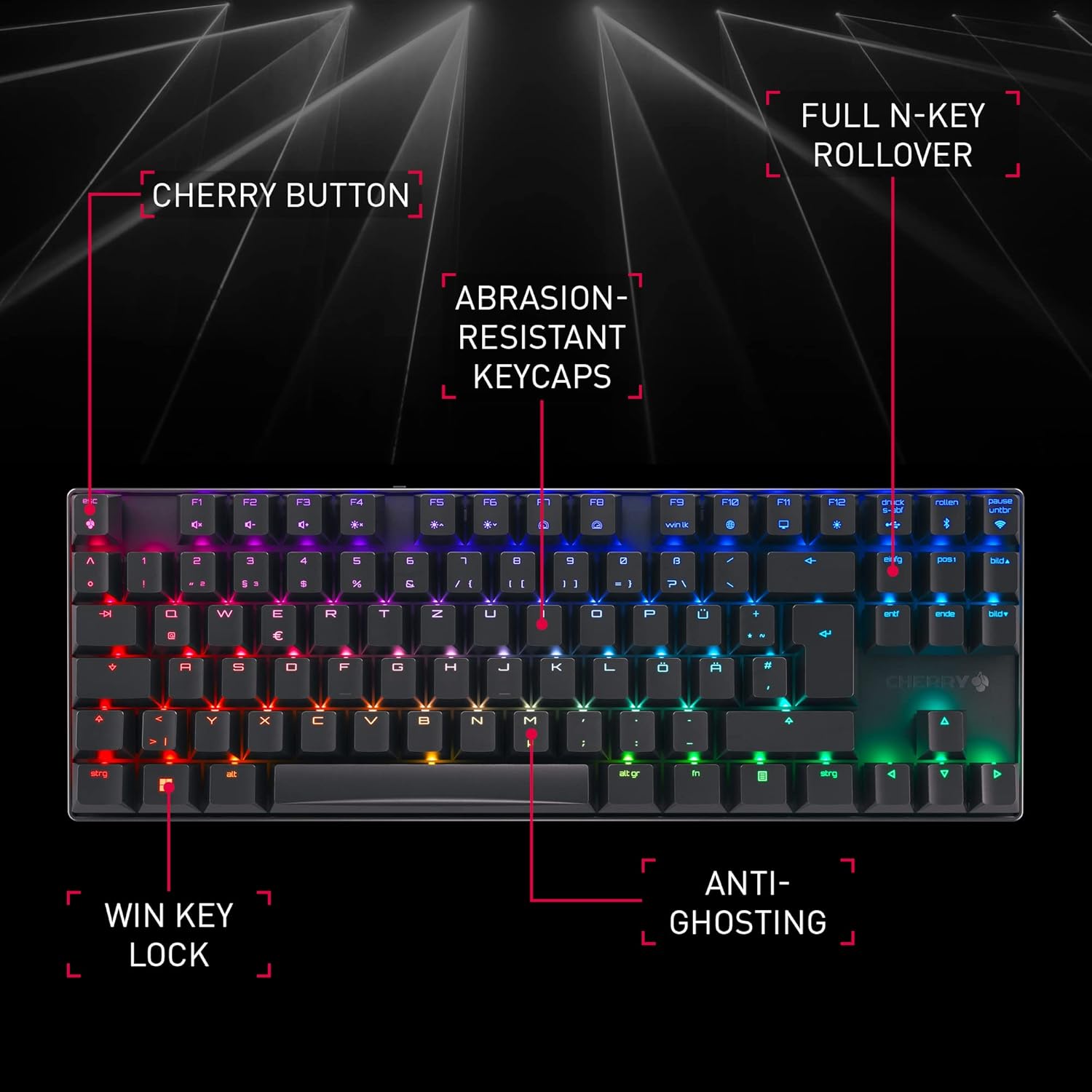 Cherry MX 8.2 TKL Wireless Gaming Keyboard. Compact TenKeyLess. Mechanical 87 Keys RGB Backlit Keys ABS Keycaps. MX Red Switch. Aluminum Carrying Case Included.