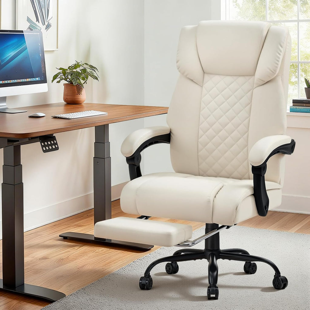 HOFFREE 7 Points Vibration Massage Office Chair with Heat Ergonomic Executive Office Chair with Footrest Reclining Home Office Desk Chairs Beige
