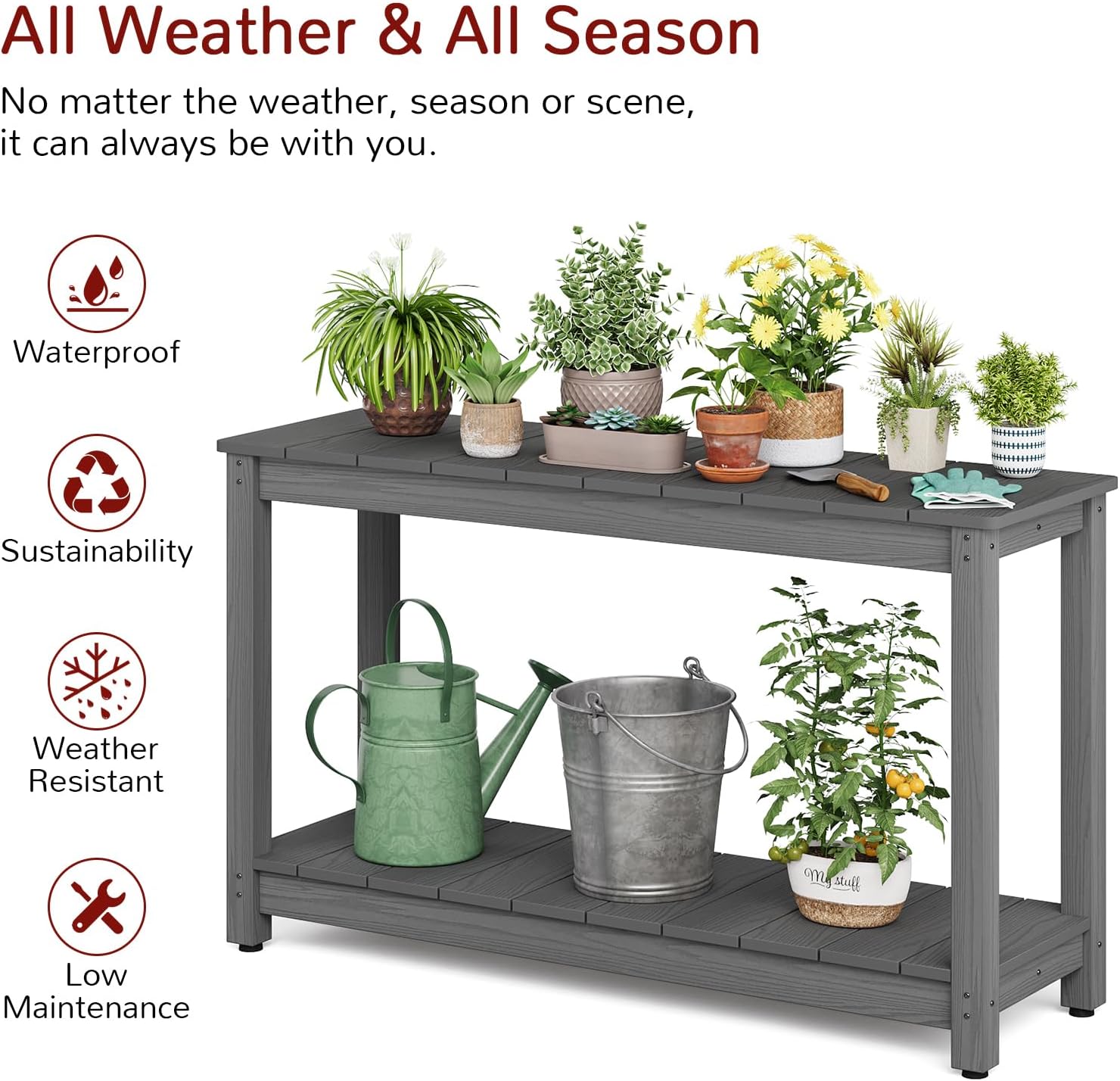 Stoog All-Weather Console Table, 2-Tier Patio Console Table Outdoor with Storage, Low Maintenance, and Never Fade or Rot, Grey