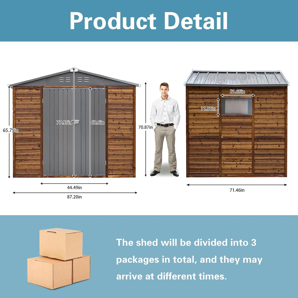 8x6 Ft Outdoor Storage Shed with Windows, Wood & Metal Tool Shed Waterproof Storage House for Outside Patio, Garden and Backyard, 4 Vents (Without Floor) Wood Color
