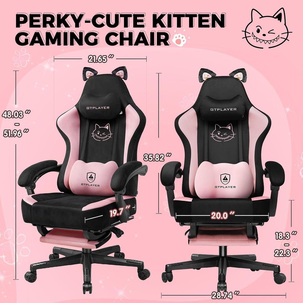 GTPOFFICE Cute Gaming Chair with Cat Ears,Ergonomic Computer Chair with Footrest Cat Paw Lumbar Support Comfortable Reclining Game Chair Desk Chair for Adult Teens, Soft Fabric, Pink Black