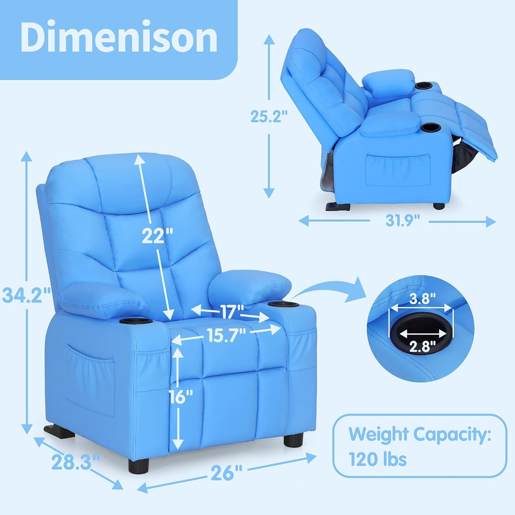 MCombo Big Kids Recliner for Ages 3+, Child Reclining Chair, Toddlers Recliner Sofa with Cup Holders (Faux Leather, Navy Blue)