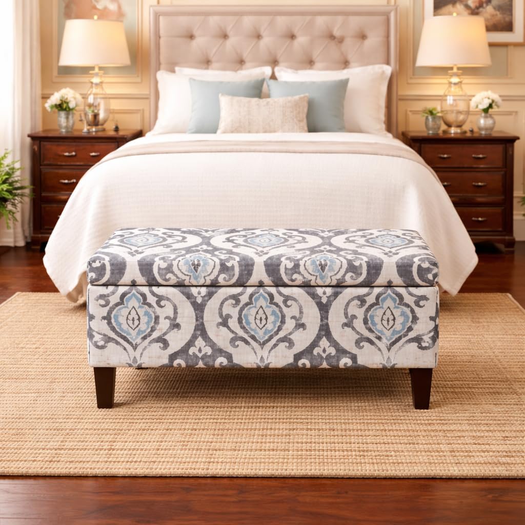 HomePop Large Upholstered Rectangular Storage Ottoman Bench with Hinged Lid, Slate Damask