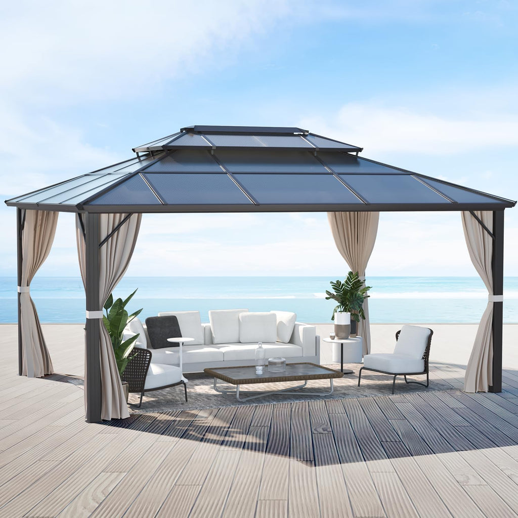 MELLCOM 12'x16' Hardtop Gazebo with Polycarbonate Double Roof, Aluminum Frame Outdoor Gazebos with Curtains and Netting for Garden, Lawn and Patio
