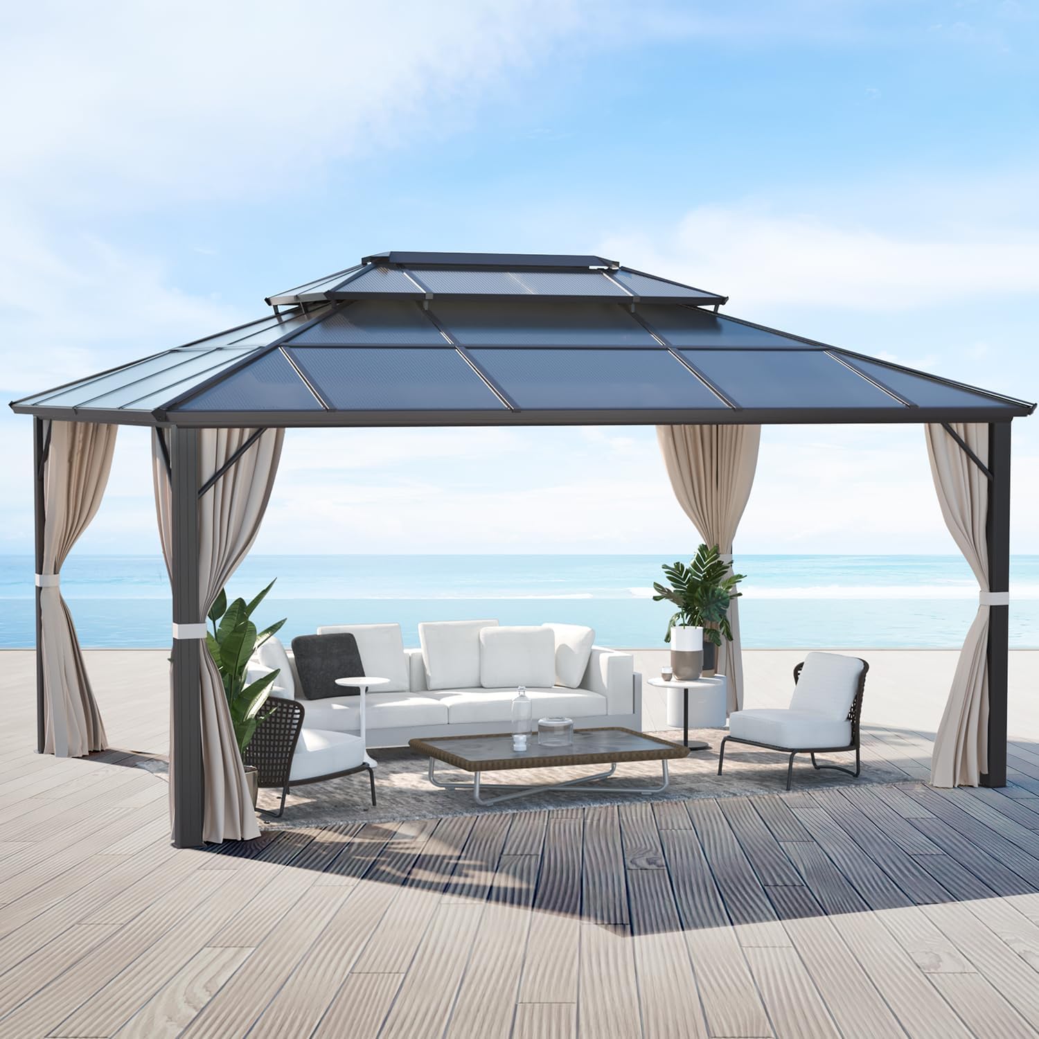 MELLCOM 12'x16' Hardtop Gazebo with Polycarbonate Double Roof, Aluminum Frame Outdoor Gazebos with Curtains and Netting for Garden, Lawn and Patio