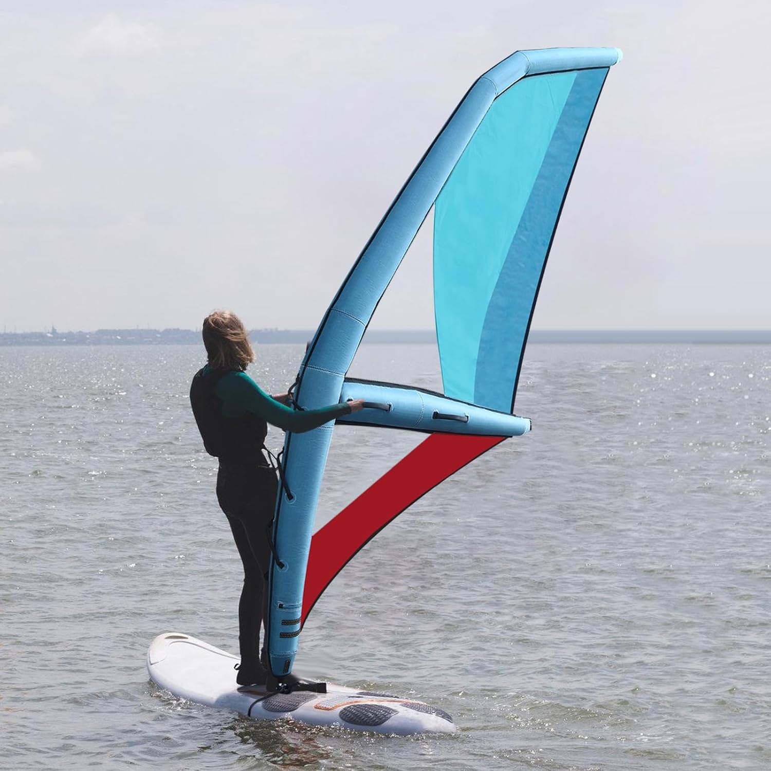 Paddle Board Sail, Inflatable Sail, Inflatable Sailing Sail, Professional Inflatable Paddle Board, Blue and Red, 45.21ft² Sail Area, 360° Base Rotation, Ideal for Windsurfing