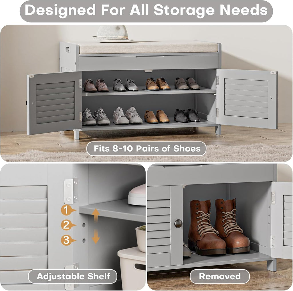 WARMHONIU Shoe Storage Bench with Lift Top Storage, Entryway Bench with Cushioned Seat, Adjustable Shelf, 2 Tier Shoe Rack with Doors for Entryway, Bedroom, Hallway, Mudroom, Grey