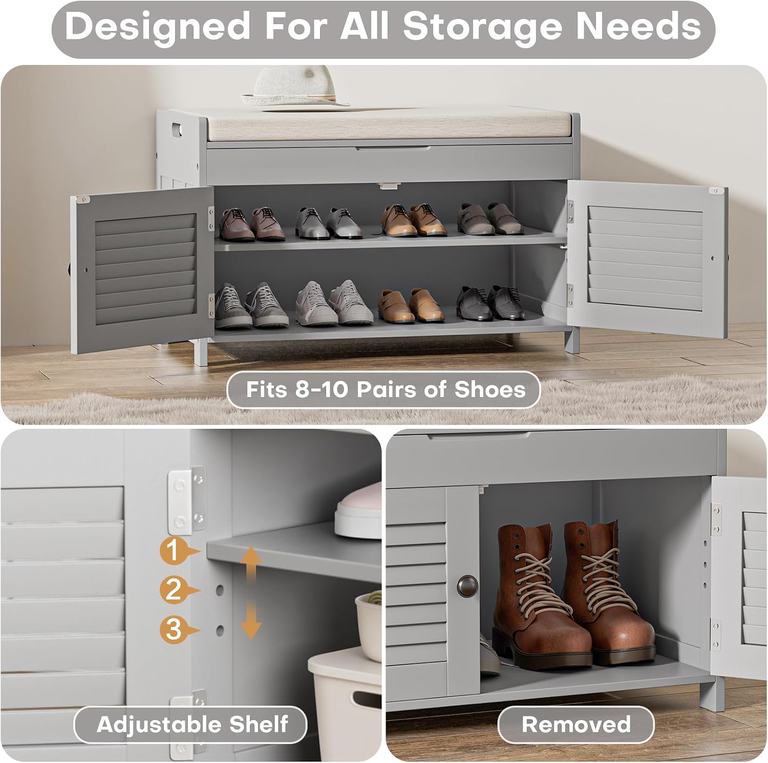 WARMHONIU Shoe Storage Bench with Lift Top Storage, Entryway Bench with Cushioned Seat, Adjustable Shelf, 2 Tier Shoe Rack with Doors for Entryway, Bedroom, Hallway, Mudroom, Grey