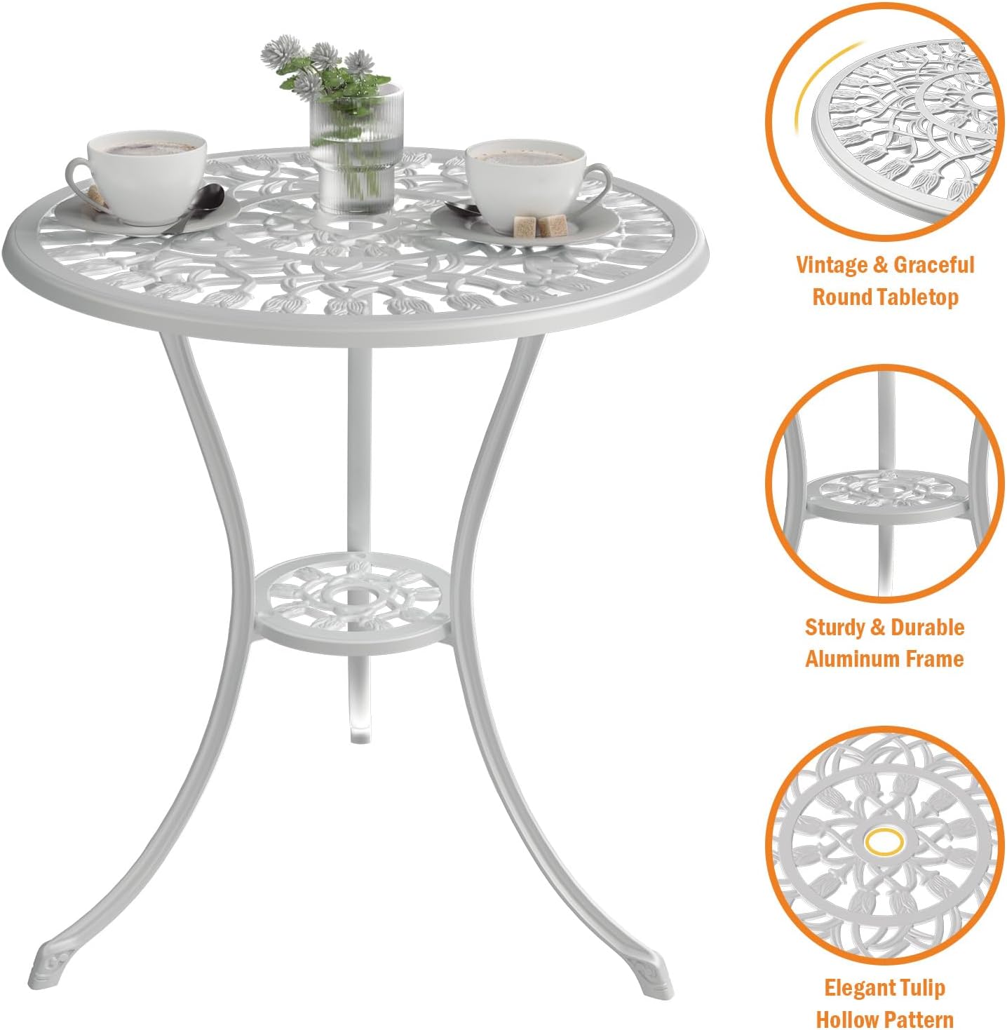 Outdoor Bistro Table and Chairs Set of 2, 3 Piece Patio Bistro Set w/Umbrella Hole, Rust-Resistant Cast Aluminum Bistro Set for Garden/Balcony/Backyard, White