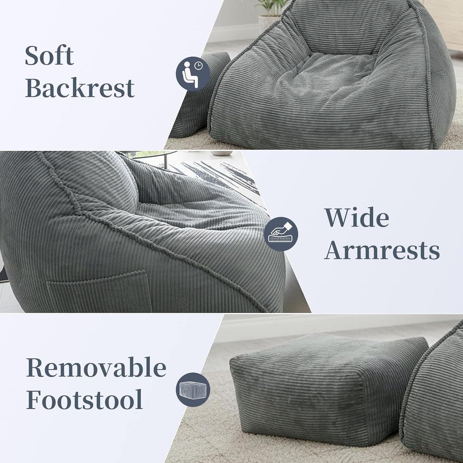 Ultra Soft Bean Bag Chair for Adults with Ottoman, Oversized Floor Sofa for Living Room, Gaming, Lounging, Napping (Gray)