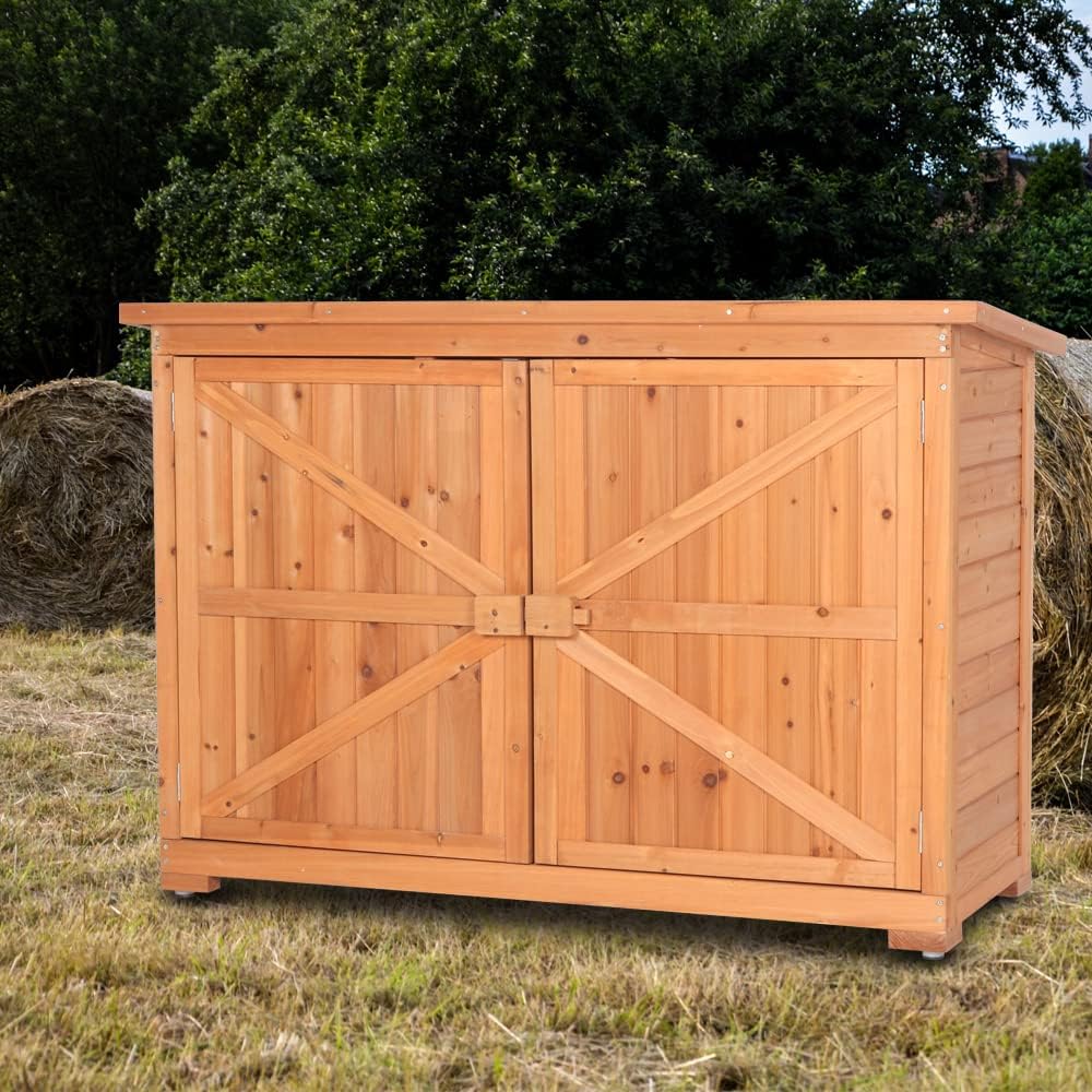 Outdoor Wooden Storage Cabinet, Wood Garden Shed, Outside Tool Shed, Vertical Organizer Cabinet with Double Doors for Outside, Garden and Yard