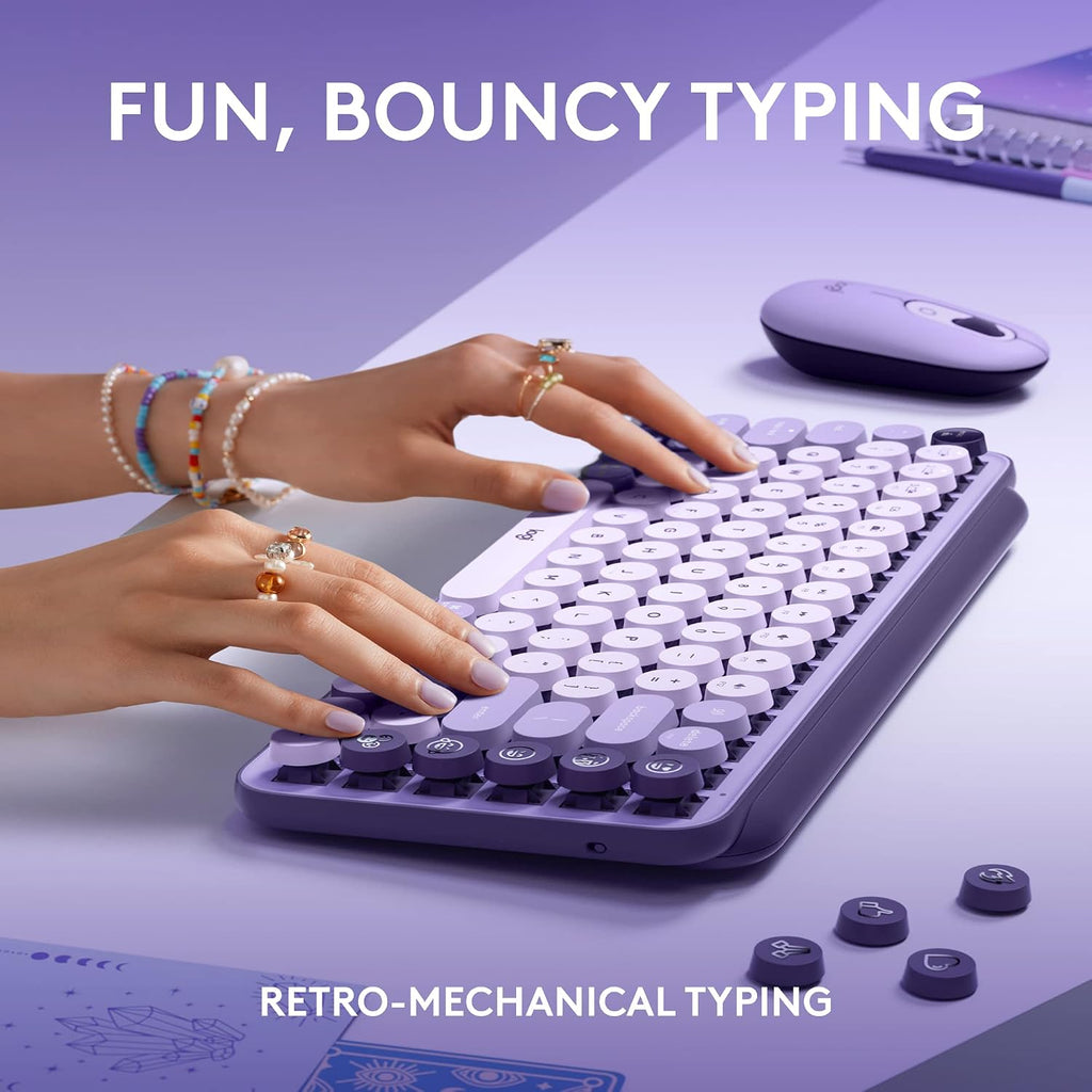 Logitech POP Keys + POP Mouse - Wireless Keyboard and Bluetooth Mouse Combo with Typewriter-Style Mechanical Keys, Emoji Features, Cute Compact Design - Cosmos
