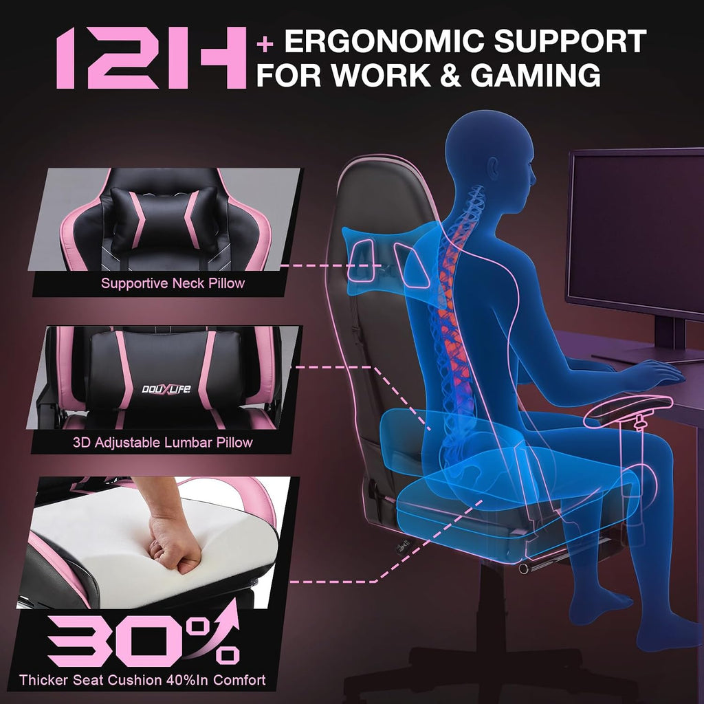 Douxlife 7-Point Massage Gaming Chair with Footrest, 400lbs Heavy Duty Ergonomic Computer Chair, 175° Reclining High Back Racing Seat for Adults with Adjustable Armrests & Lumbar Support, Black Pink