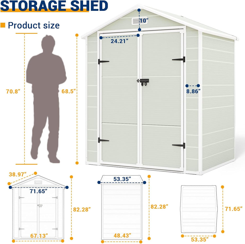 UDPATIO Outdoor Storage Shed 6x4.5 FT, Resin Outside Sheds & Outdoor Storage Plastic for Trash Can, Bike, Lawnmower, Generator, Tool Shed with Lockable Door for Backyard, Lawn, Patio, Sandstone