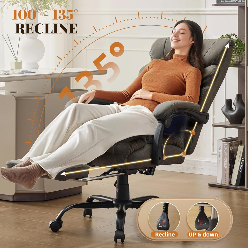 Comfortable Office Desk Chair 500 LBS, Big and Tall Office Chairs with Footrest,90-155°Recline Executive Leather Gaming Chair for Heavy People, Long Hours,Gray