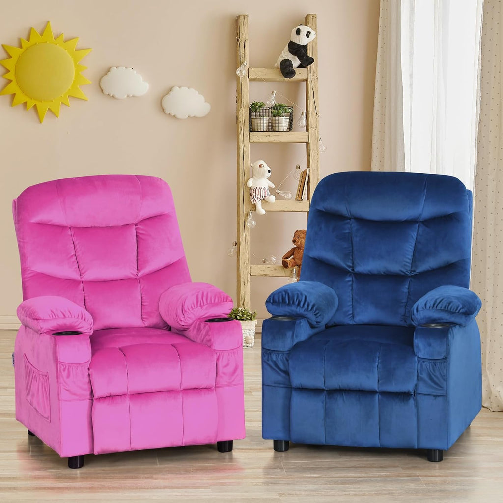 MAT EXPERT Kids Recliner, Velvet Adjustable Reading Chair w/ 2 Cup Holder, 3 Side Pocket Storage & Footrest, Kids Couch Gaming Chair, Toddler Lounge Chair for Boys Girls, Kids Room Playroom (Pink)