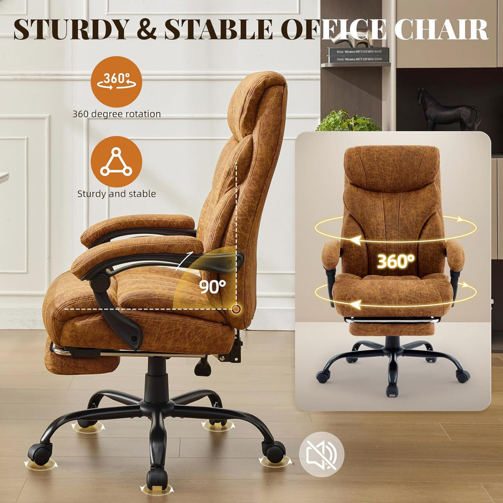 Big and Tall Office Chairs with Foot Rest,500LBS Wide Ergonomic Gaming Chair,100-135°Recline Executive Leather Computer Chairs with Adjustable Height,Brown