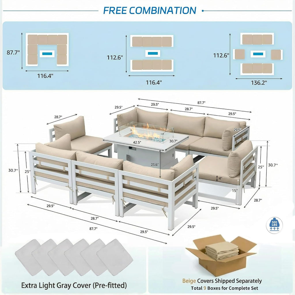 NICESOUL 9 Piece L-Shaped Contemporary Aluminum Outdoor Furniture Set with Firepit, 29' Deep Wide Large Couch Set, 500 lbs High Weight Capacity Modular Patio Sectional Sofa for Garden Terrace, Beige