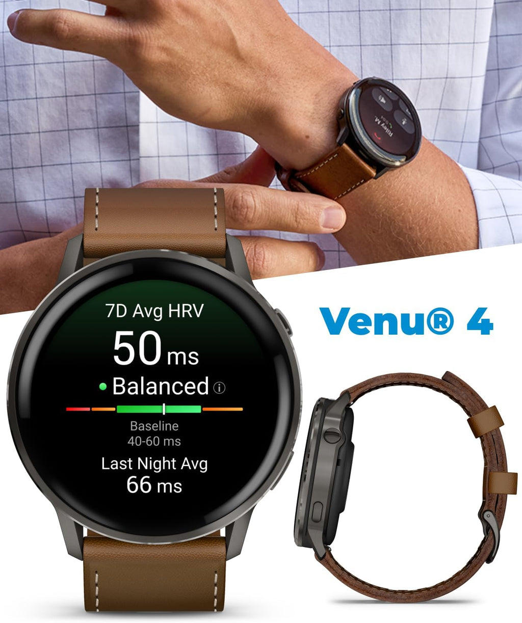 Garmin Venu 4 45mm AMOLED Advanced Health & Fitness GPS Smartwatch, Colorful Display, Flashlight, Up to 12 Days Slate w/Black Silicone & Brown Leather Bands w/Wearable4U Black Earbuds Bundle